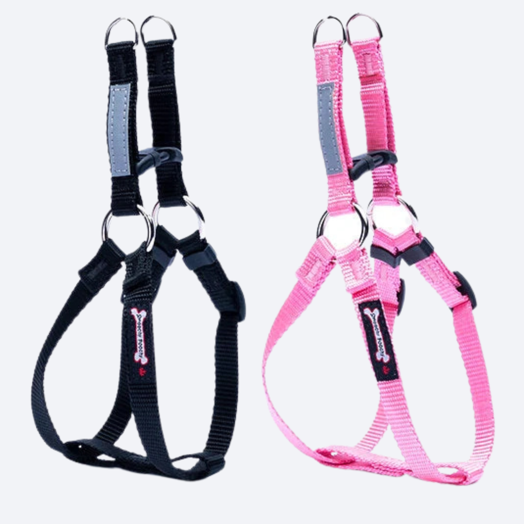 Black and Pink Smoochy Poochy Step-In Harnesses with metal D-rings