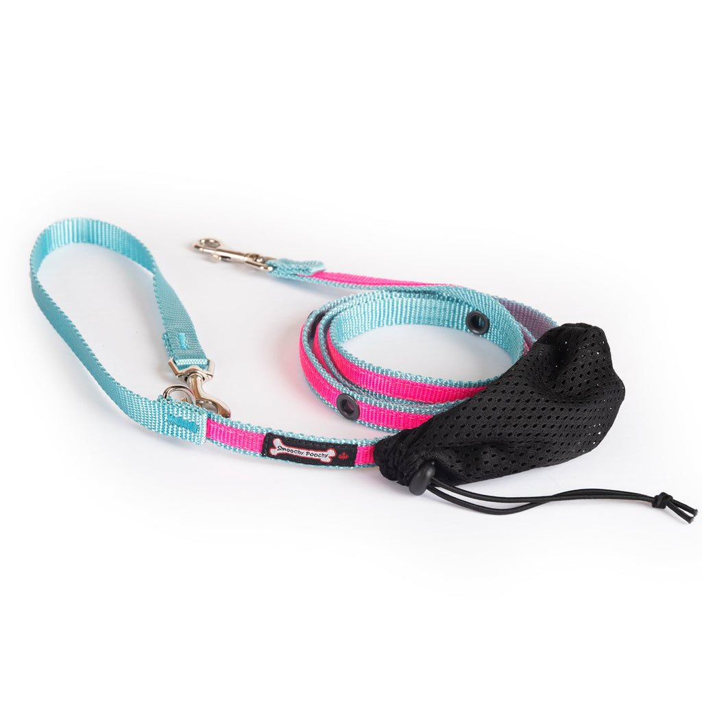 Smoochy Poochy hands-free leash in teal and pink with a black mesh pouch and adjustable 6-foot length.