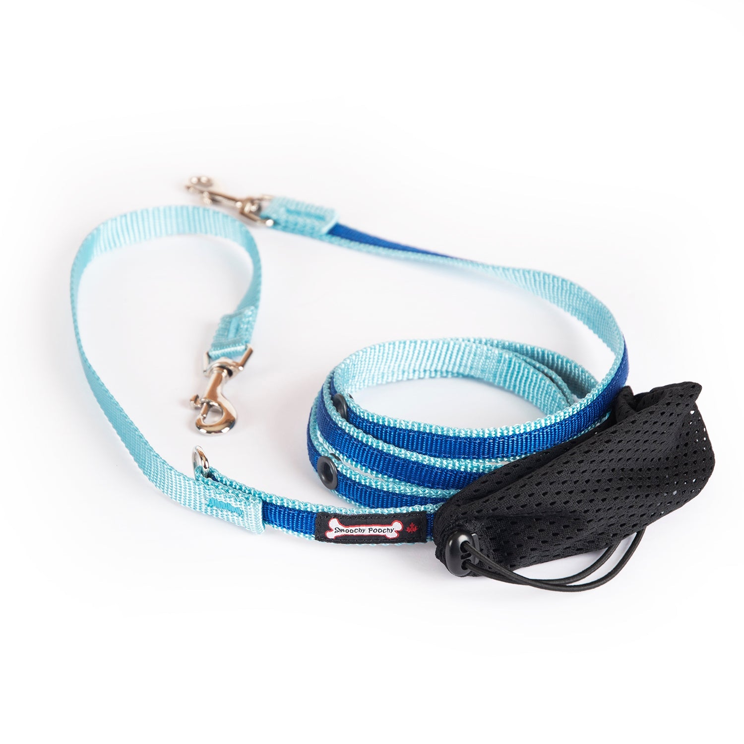 Smoochy Poochy hands-free leash in blue and black, with a padded handle and adjustable 6-foot length.