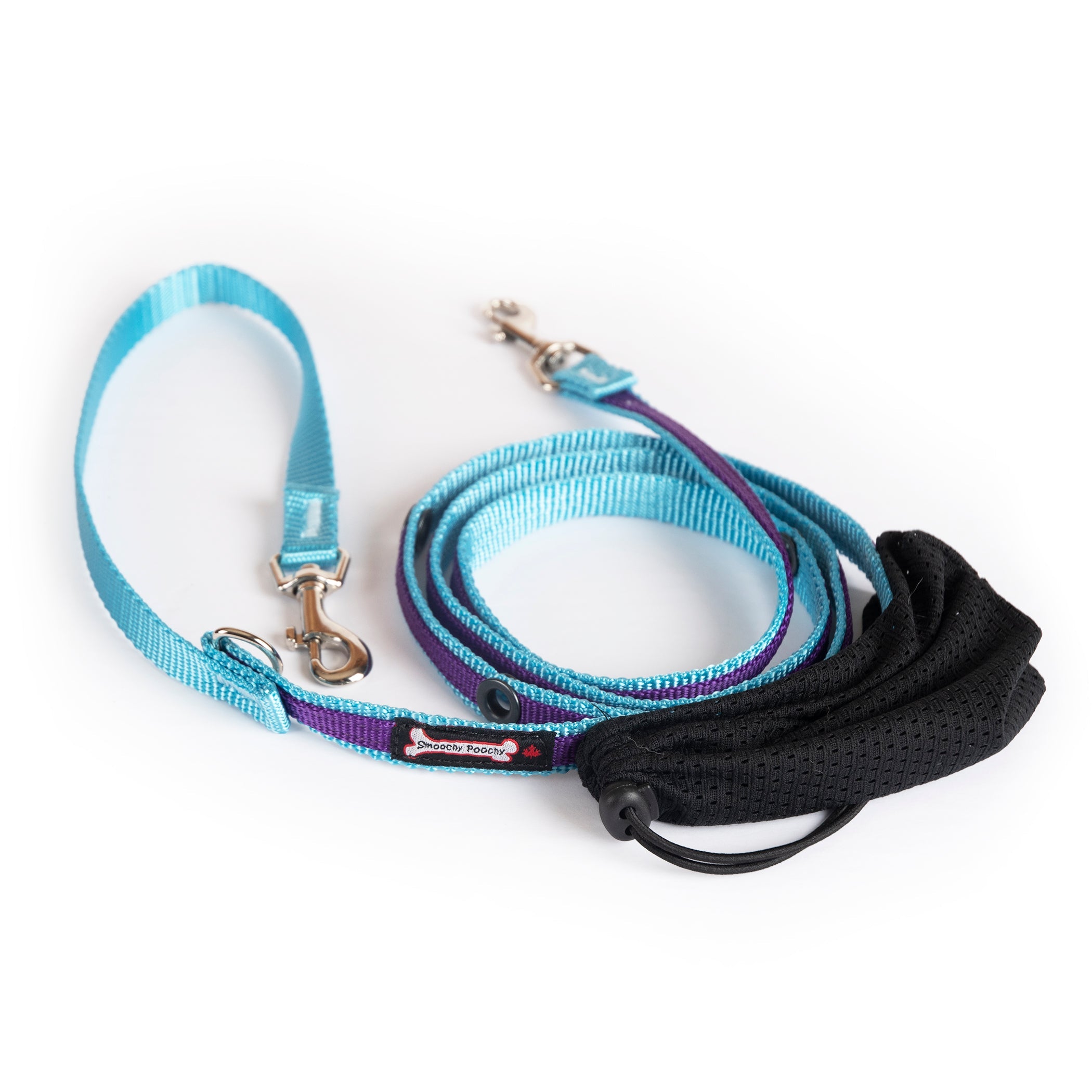 Smoochy Poochy hands-free leash in turquoise and black, with a padded handle and adjustable length, laid flat.