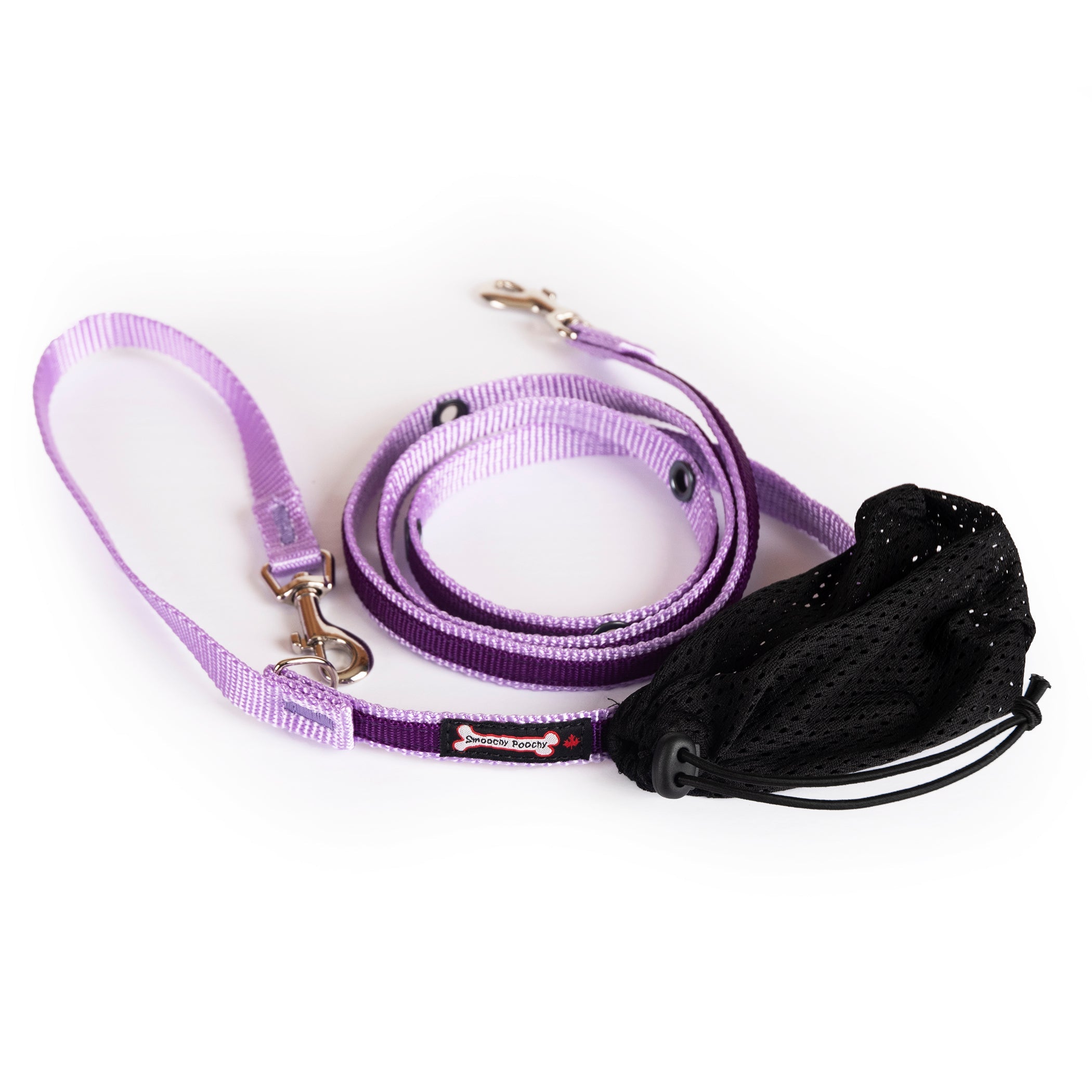 Smoochy Poochy hands-free leash in lavender with a black mesh pouch, featuring a 6ft length and adjustable clips.