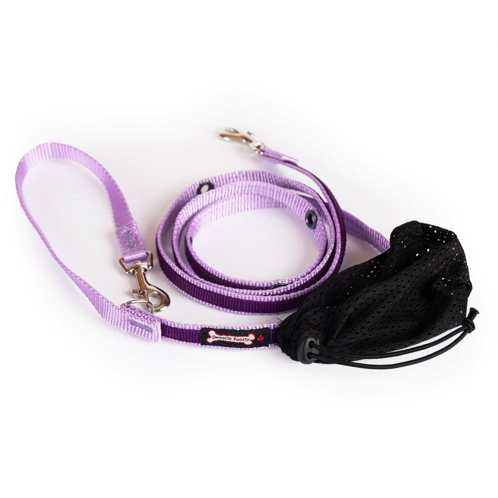 Smoochy Poochy hands-free leash in lavender with a black mesh pouch, featuring a 6ft length and adjustable clips.