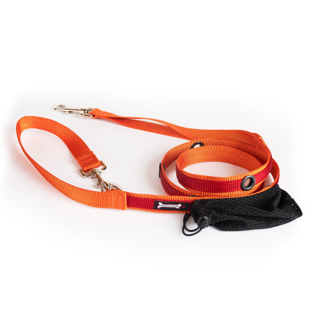 Smoochy Poochy hands-free leash in orange and black, featuring a 6ft adjustable strap and a detachable storage pouch.