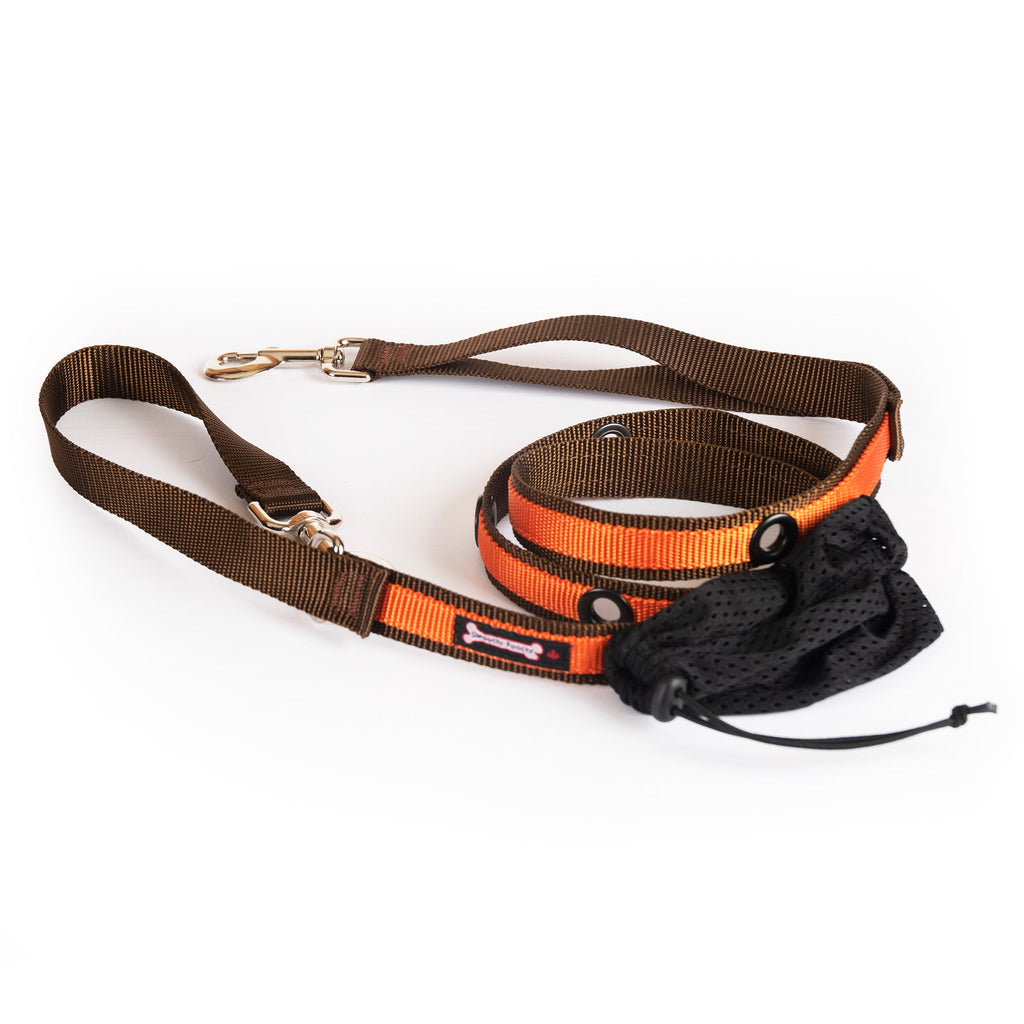 Smoochy Poochy hands-free leash, 6ft, with a brown and orange strap and a black storage pouch attached.