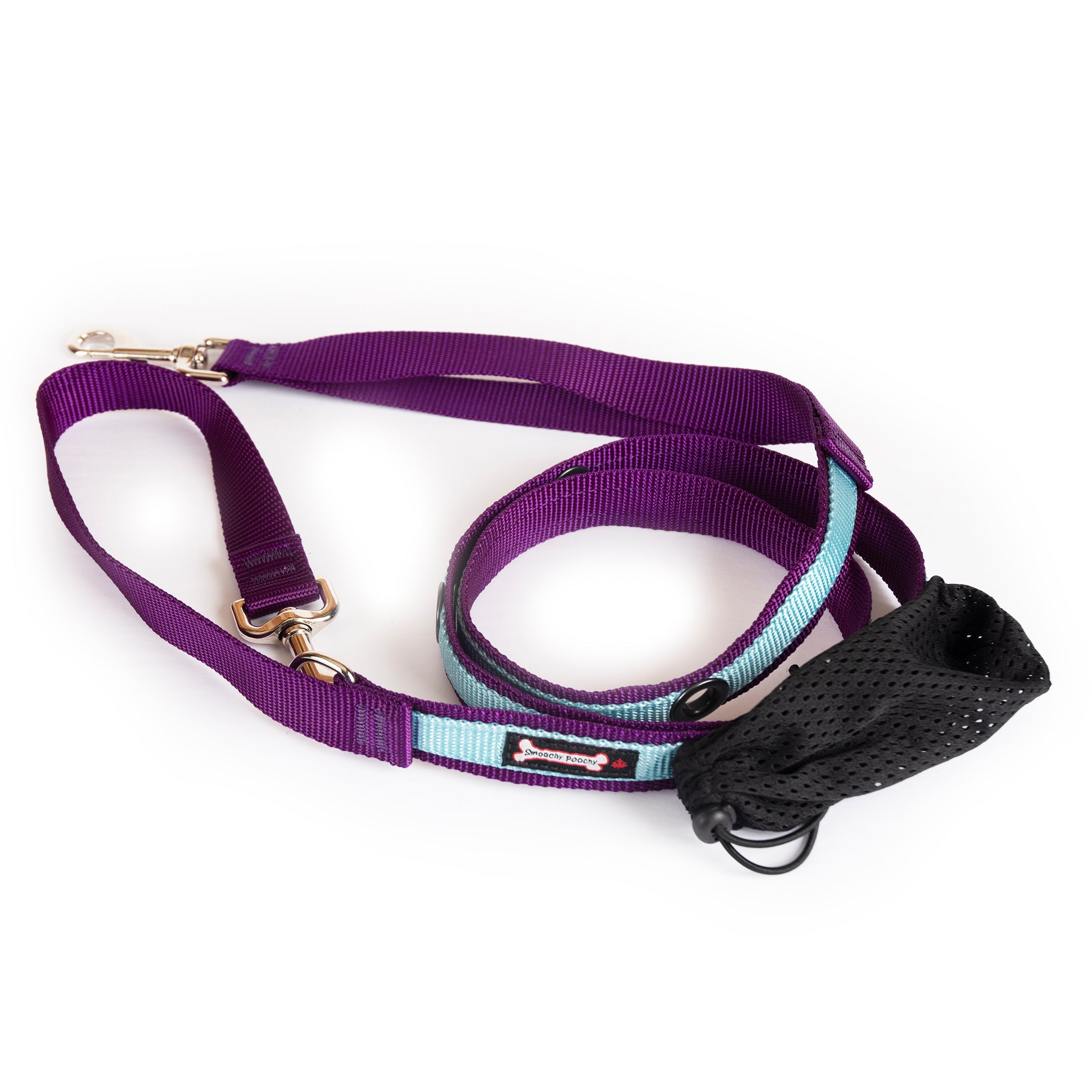 Smoochy Poochy hands-free leash in purple and teal with a padded handle and a black storage pouch.
