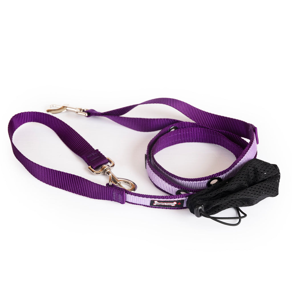 Smoochy Poochy hands-free leash in purple and black, 6ft long with adjustable straps and a storage pouch.