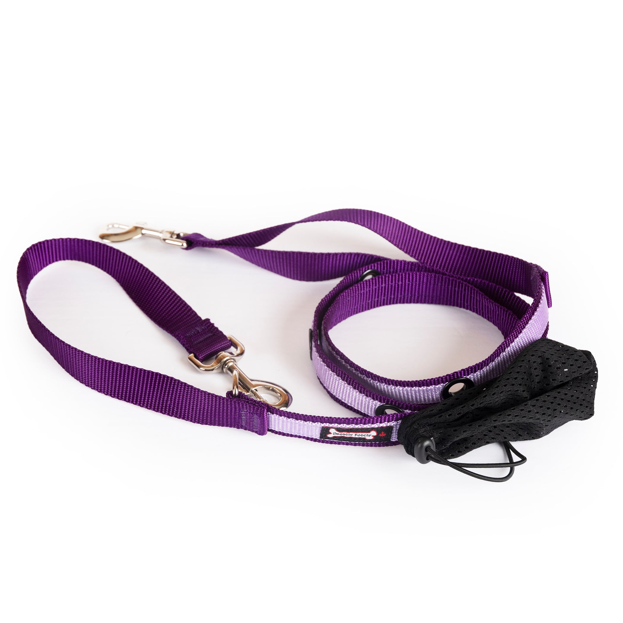 Smoochy Poochy hands-free leash in purple and black, 6ft long with adjustable straps and a storage pouch.