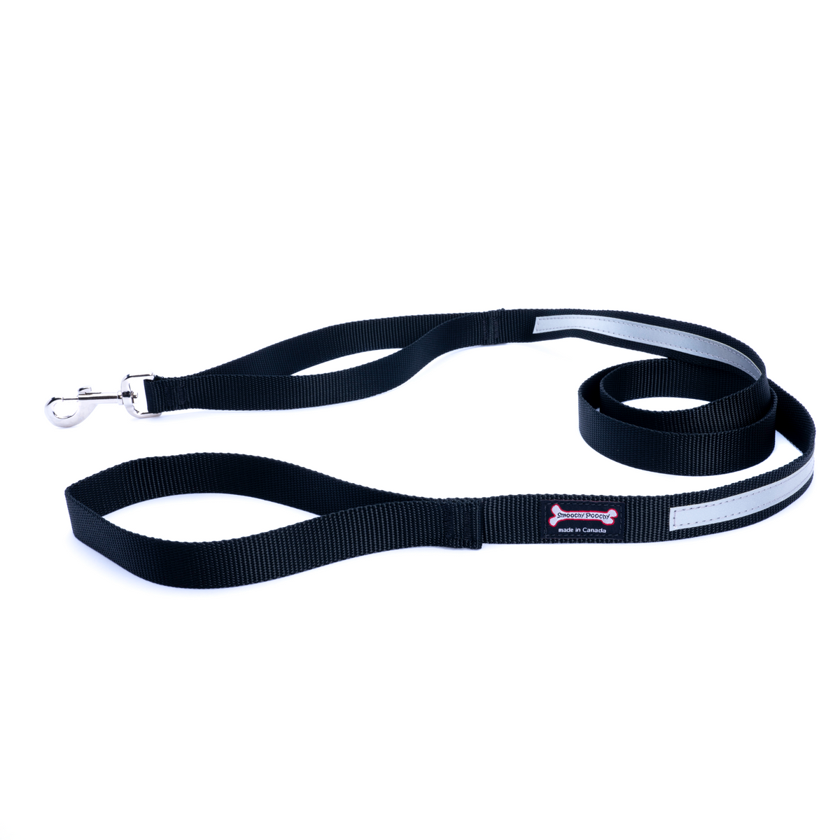 Black nylon dog leash coiled on a white background with a reflective safety strip, silver clasp