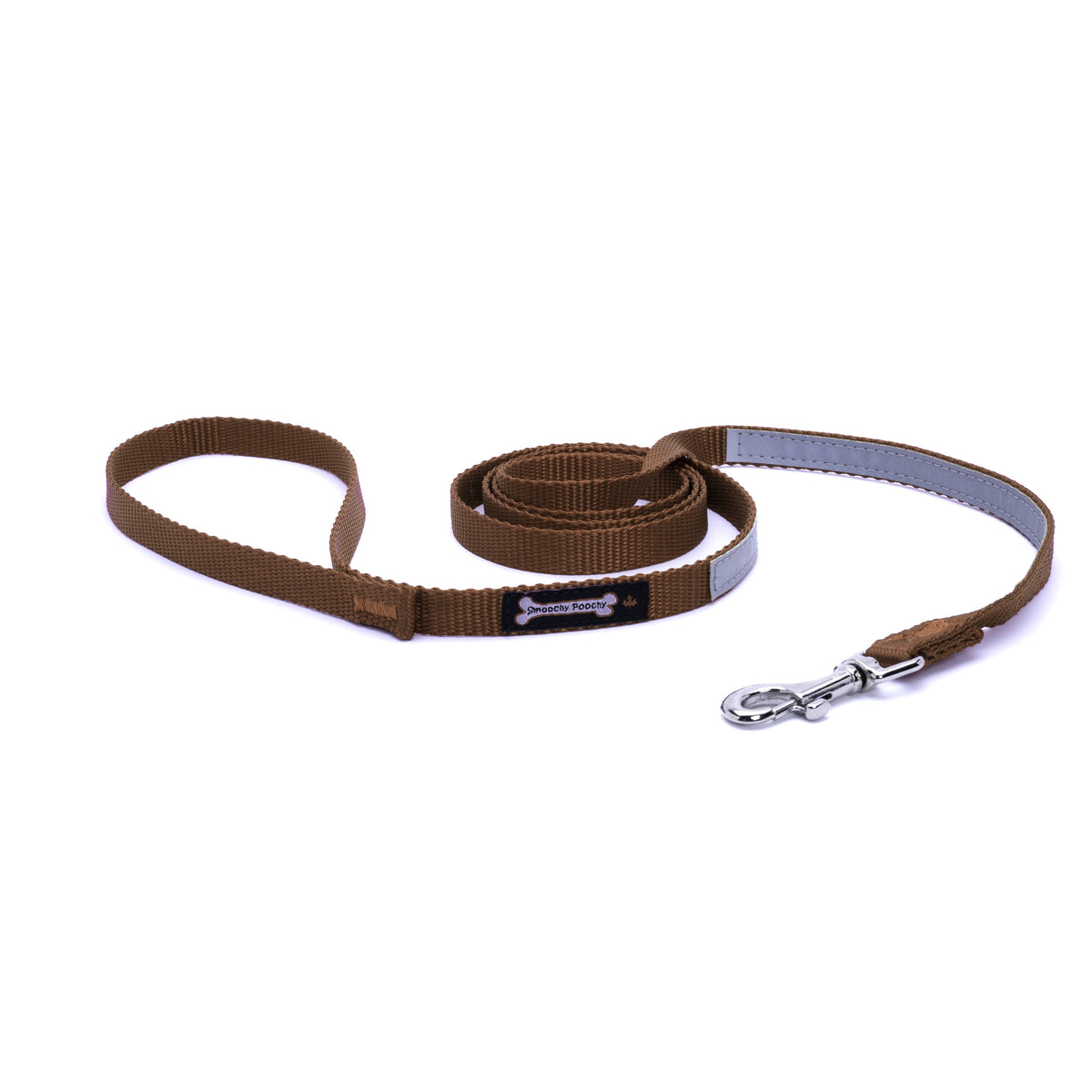 Brown nylon dog leash coiled on a white background with a reflective safety strip, silver clasp