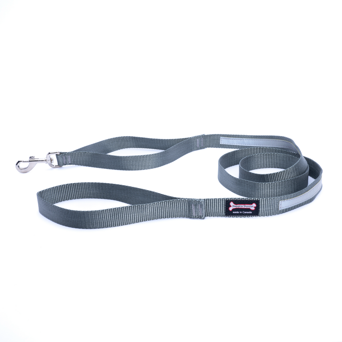 Charcoal nylon dog leash coiled on a white background with a reflective safety strip, silver clasp