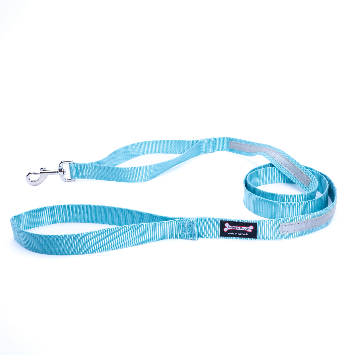 Light blue nylon dog leash coiled on a white background with a reflective safety strip, silver clasp