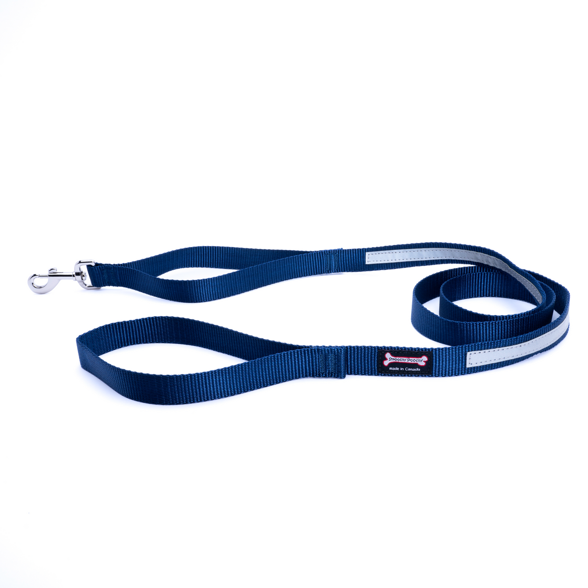 Navy nylon dog leash coiled on a white background with a reflective safety strip, silver clasp