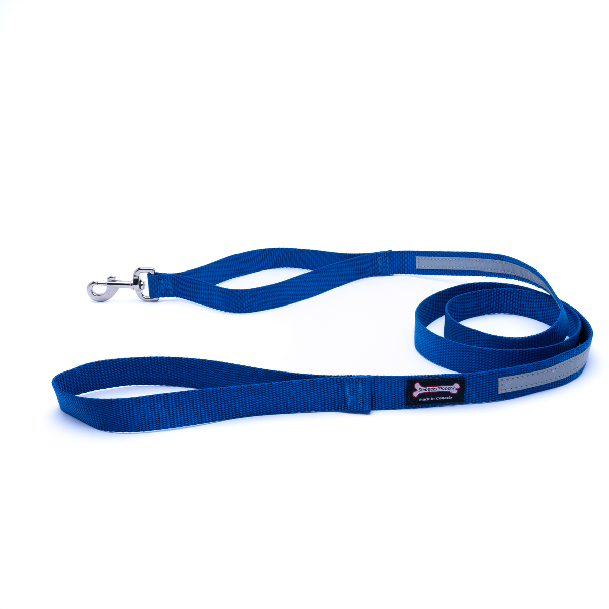 Ocean nylon dog leash coiled on a white background with a reflective safety strip, silver clasp