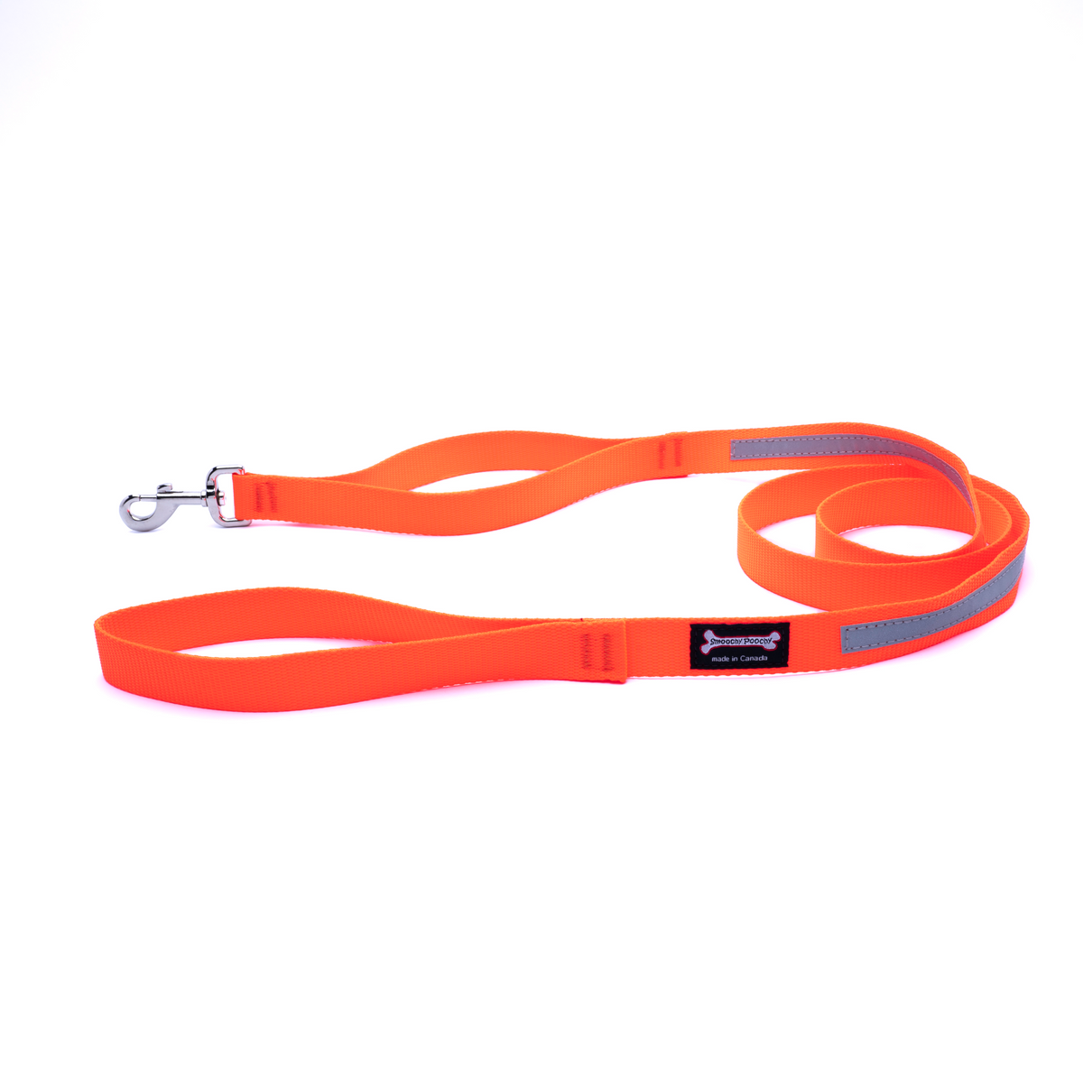 Orange nylon dog leash coiled on a white background with a reflective safety strip, silver clasp