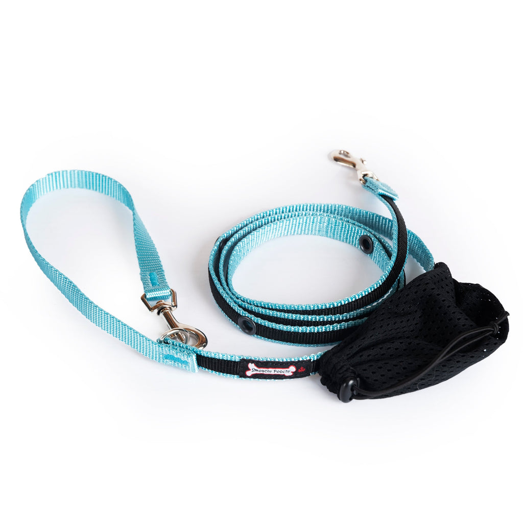 Smoochy Poochy hands-free leash in turquoise and black, 6ft long with a mesh storage pouch attached.