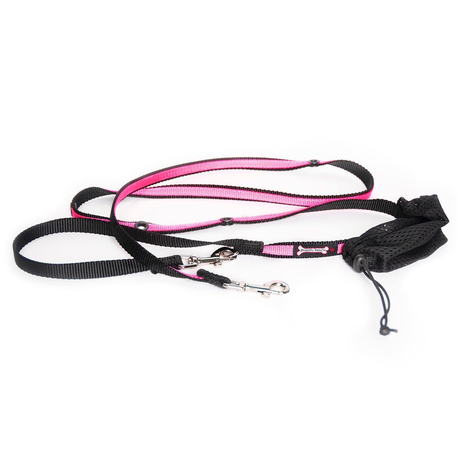 Smoochy Poochy hands-free leash in black and pink, 6ft long with adjustable straps and clips for easy use.