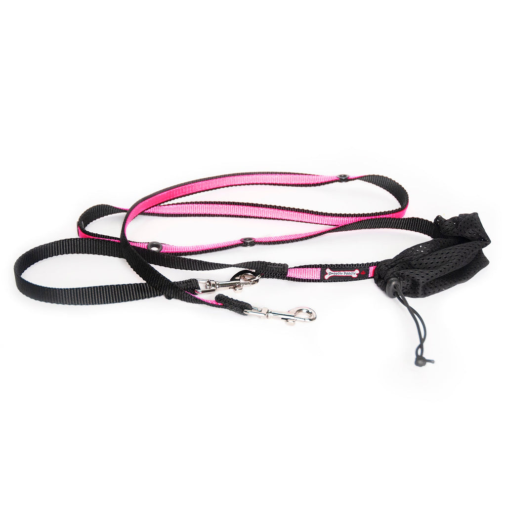 Smoochy Poochy hands-free leash in black and pink, 6ft long with adjustable straps and clips for easy use.