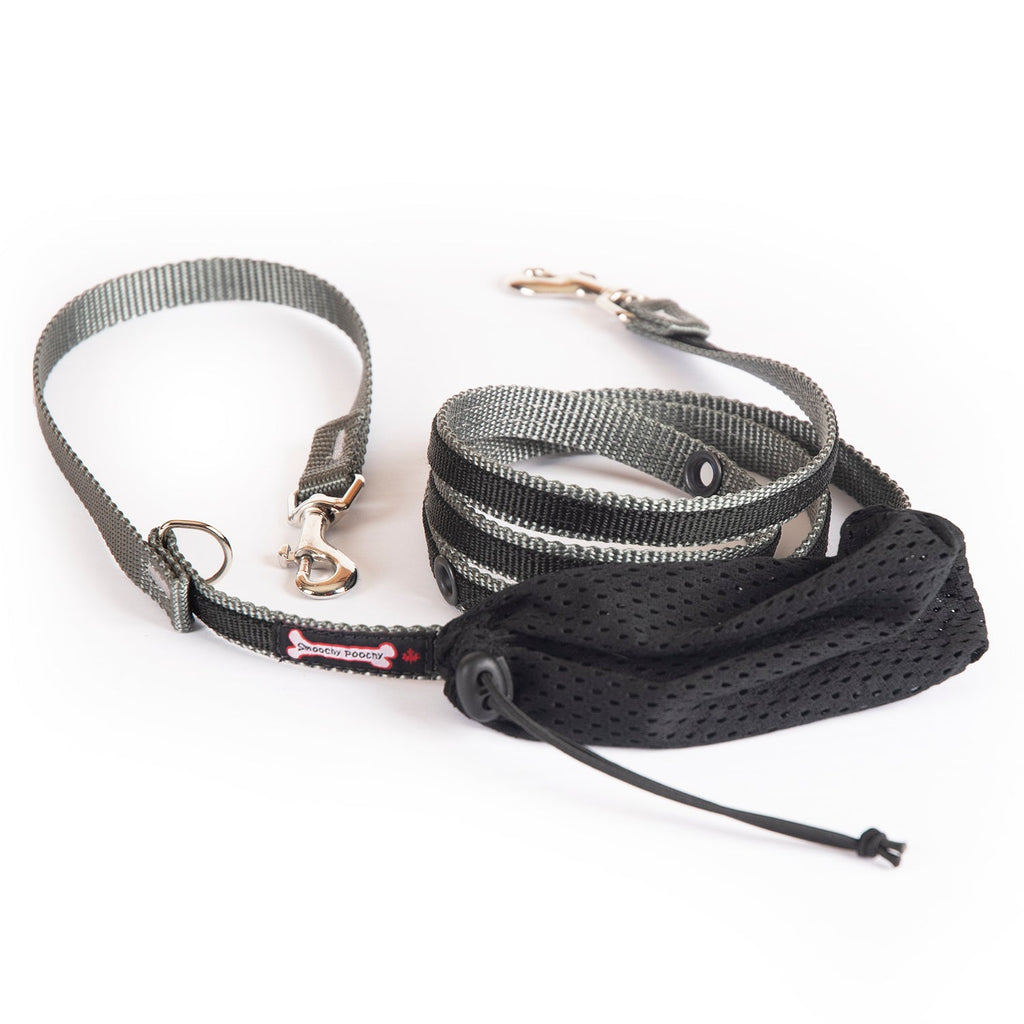 Smoochy Poochy hands-free leash, 6ft long, with a gray strap and a black mesh storage pouch.
