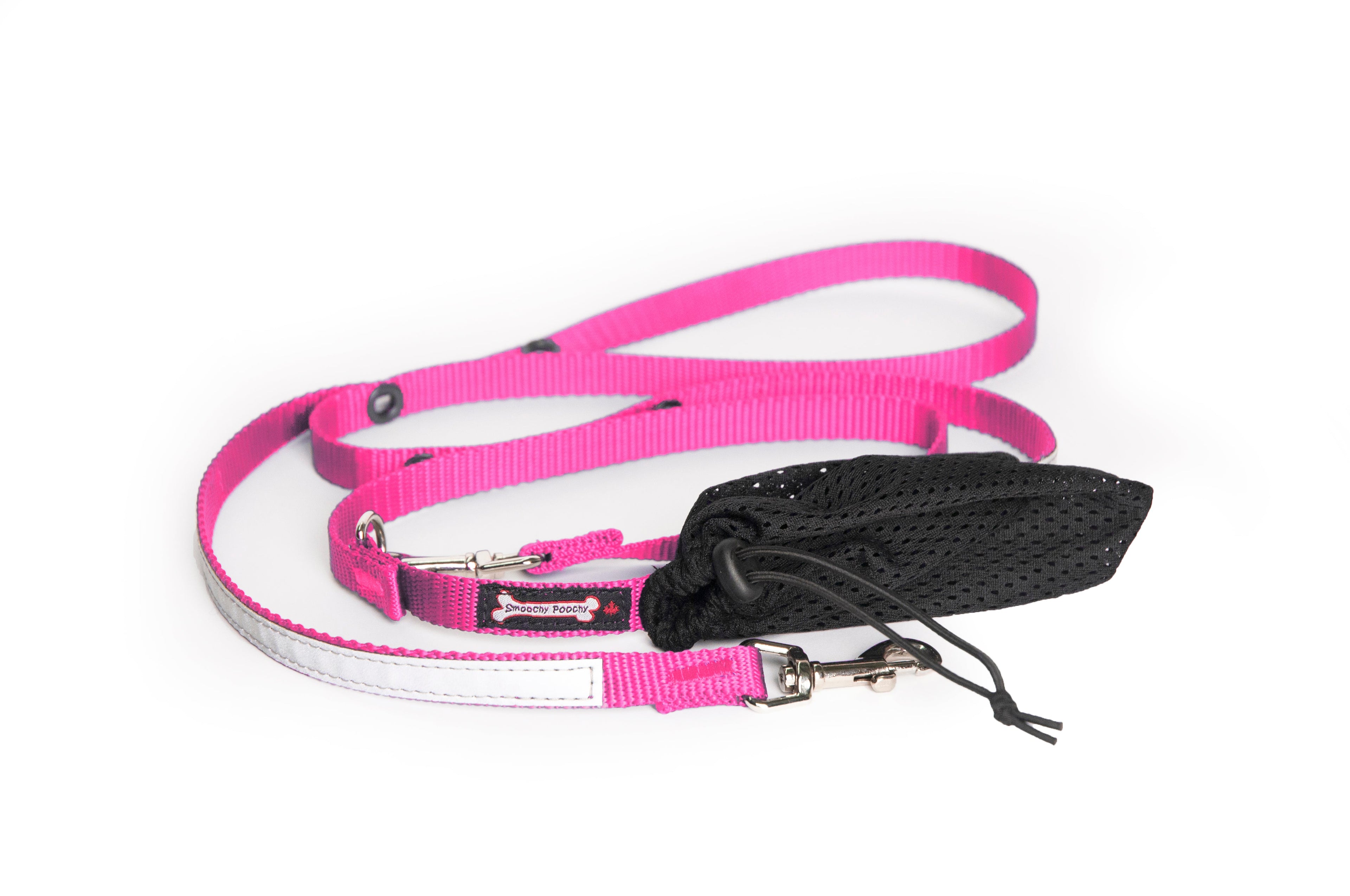 Smoochy Poochy hands-free leash, 6ft long, with a bright pink strap and a black mesh storage pouch.