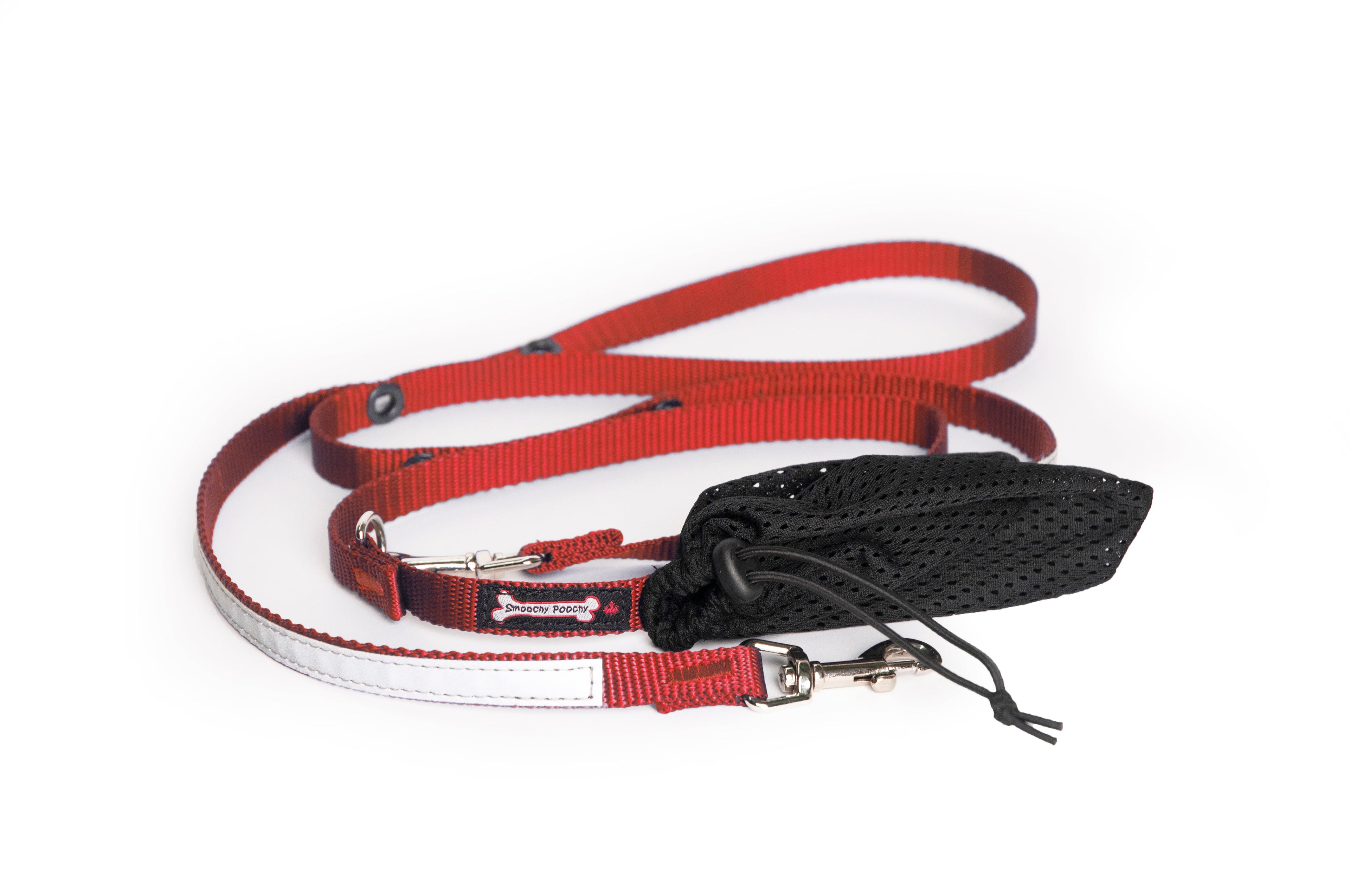 Smoochy Poochy hands-free leash in red and black with a mesh pouch and adjustable strap, laid flat on a white background.