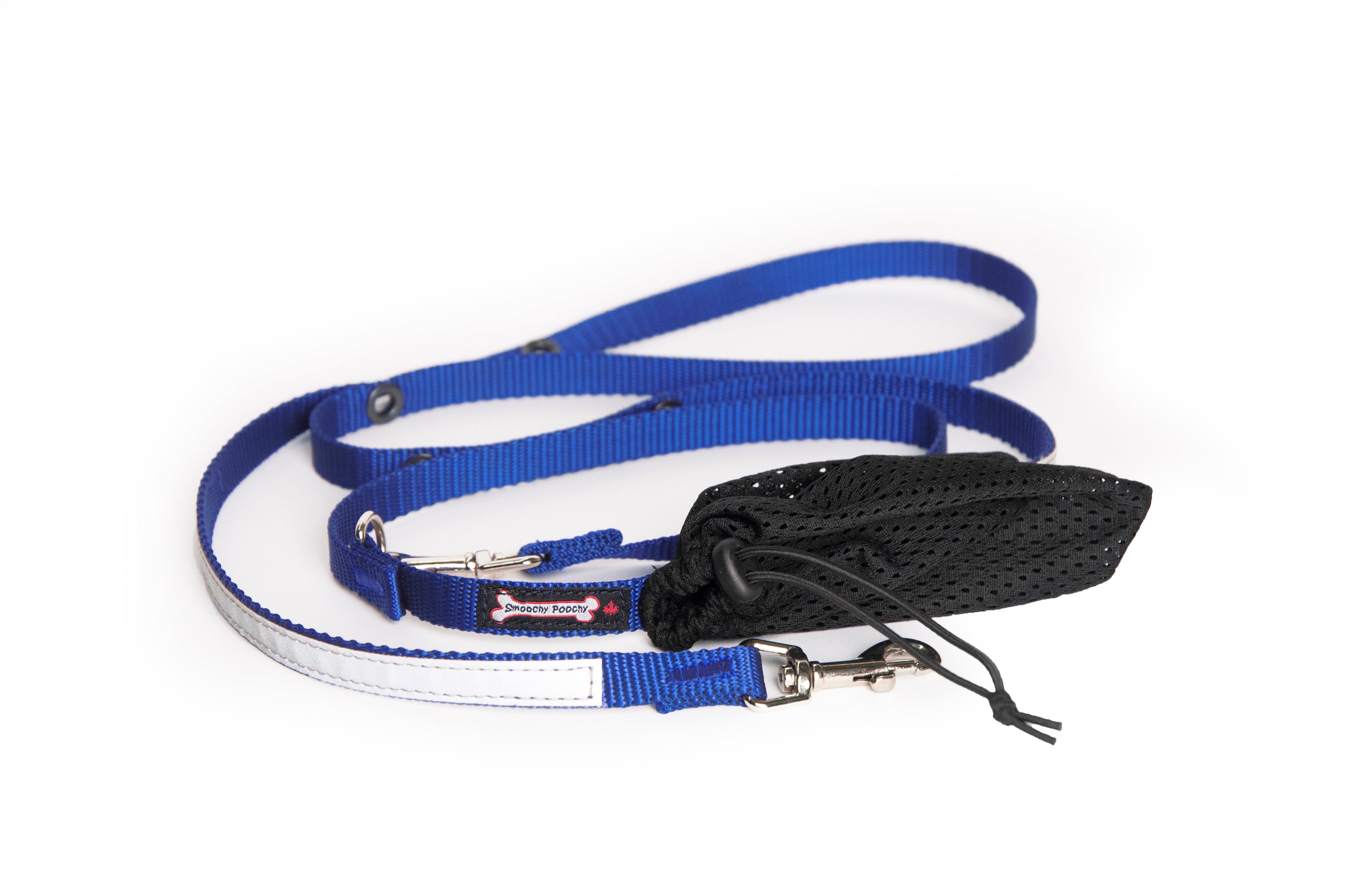 Smoochy Poochy hands-free leash in blue with a mesh pouch, adjustable straps, and a length of 6 feet.