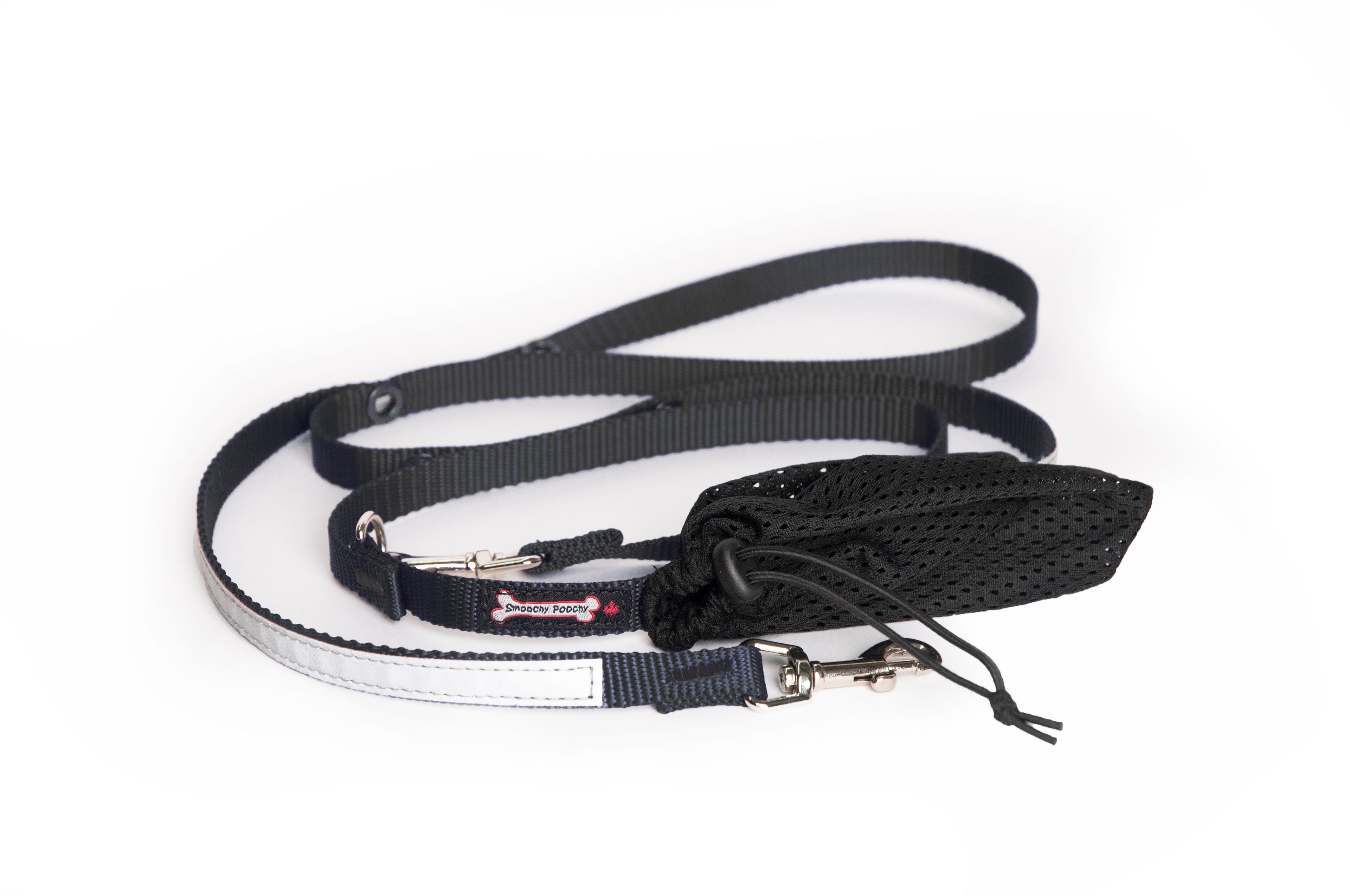 Smoochy Poochy hands-free leash, 6ft, with a black mesh pouch and navy blue adjustable straps.