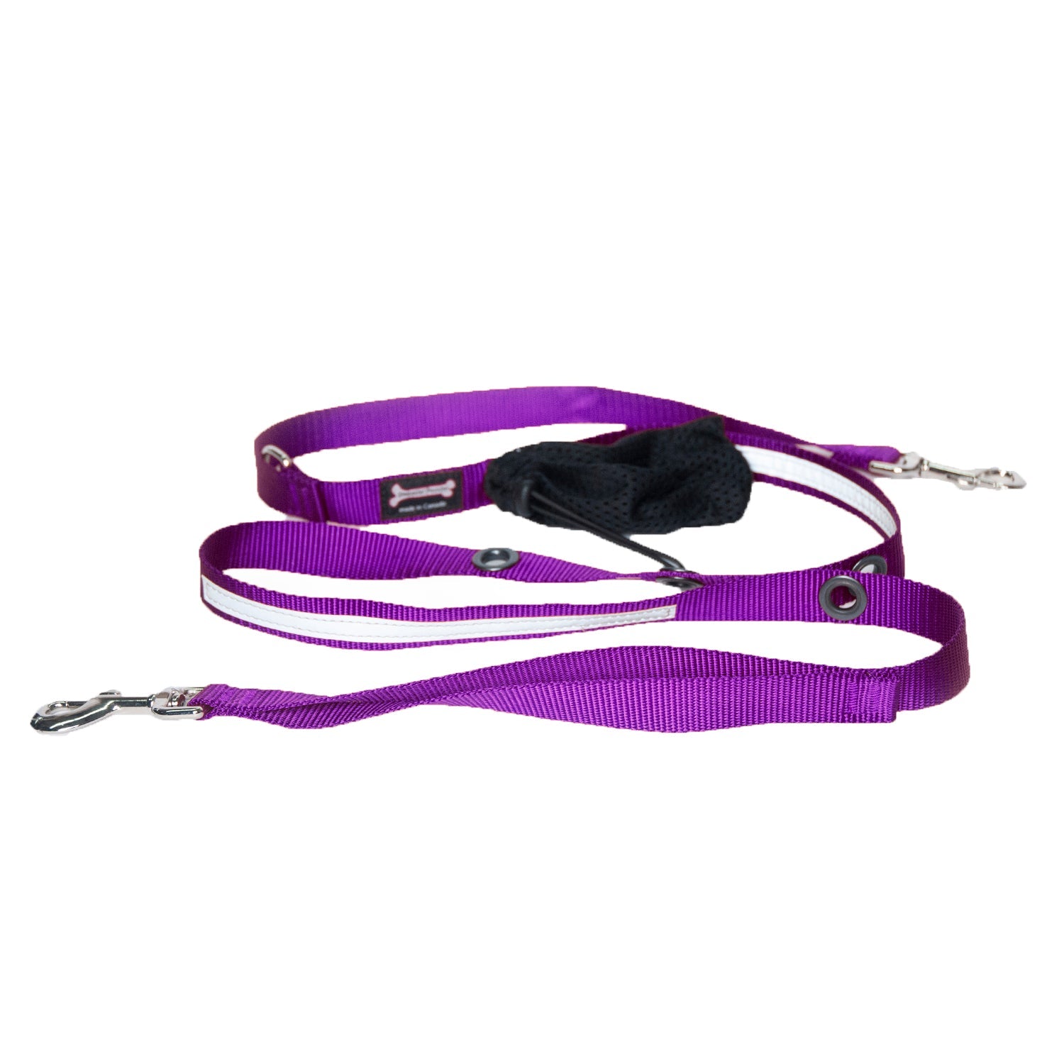 Smoochy Poochy hands-free leash in purple, 6ft long, with padded handle and metal clips for secure pet attachment.