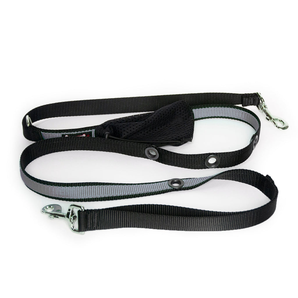 Smoochy Poochy hands-free leash, 6ft, in black and gray with a padded handle and metal clips for secure attachment.