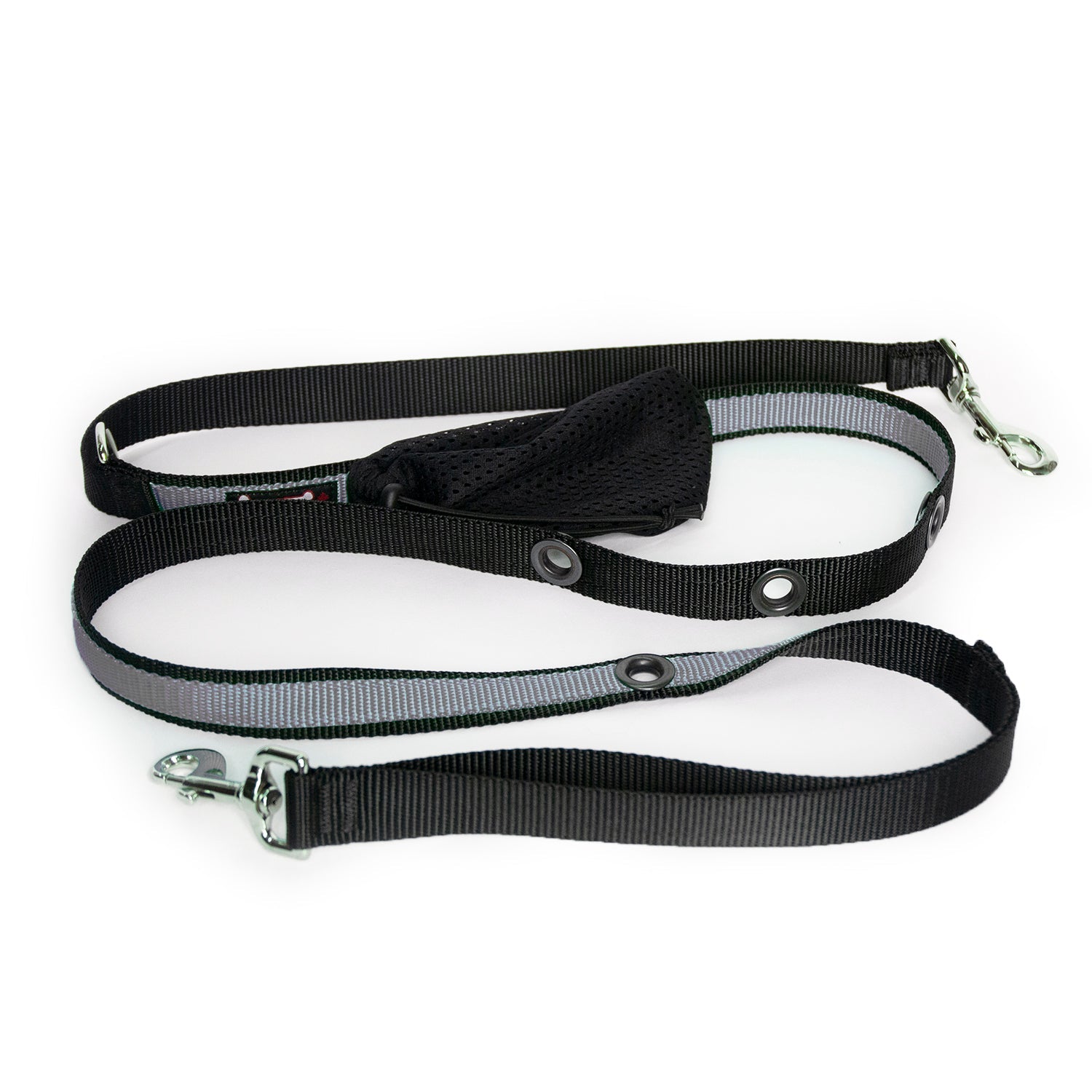 Smoochy Poochy hands-free leash, 6ft, in black and gray with a padded handle and metal clips for secure attachment.