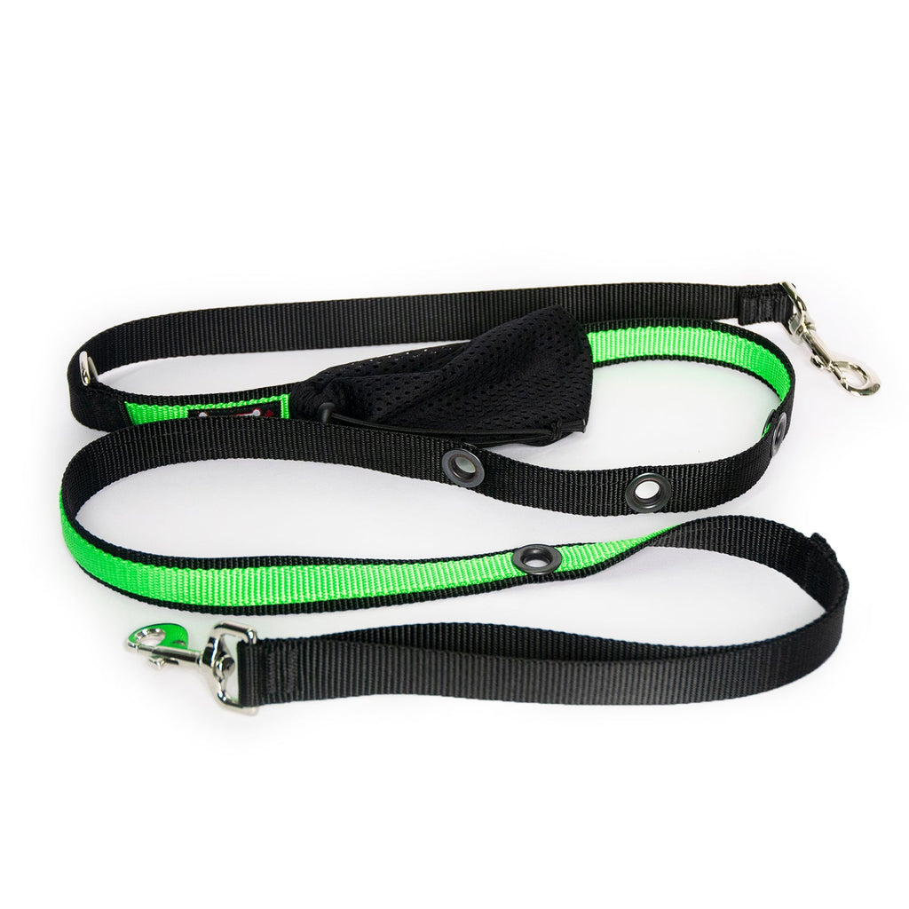 Smoochy Poochy hands-free leash, 6ft long, in black with green accents, featuring adjustable straps and a sturdy clip.