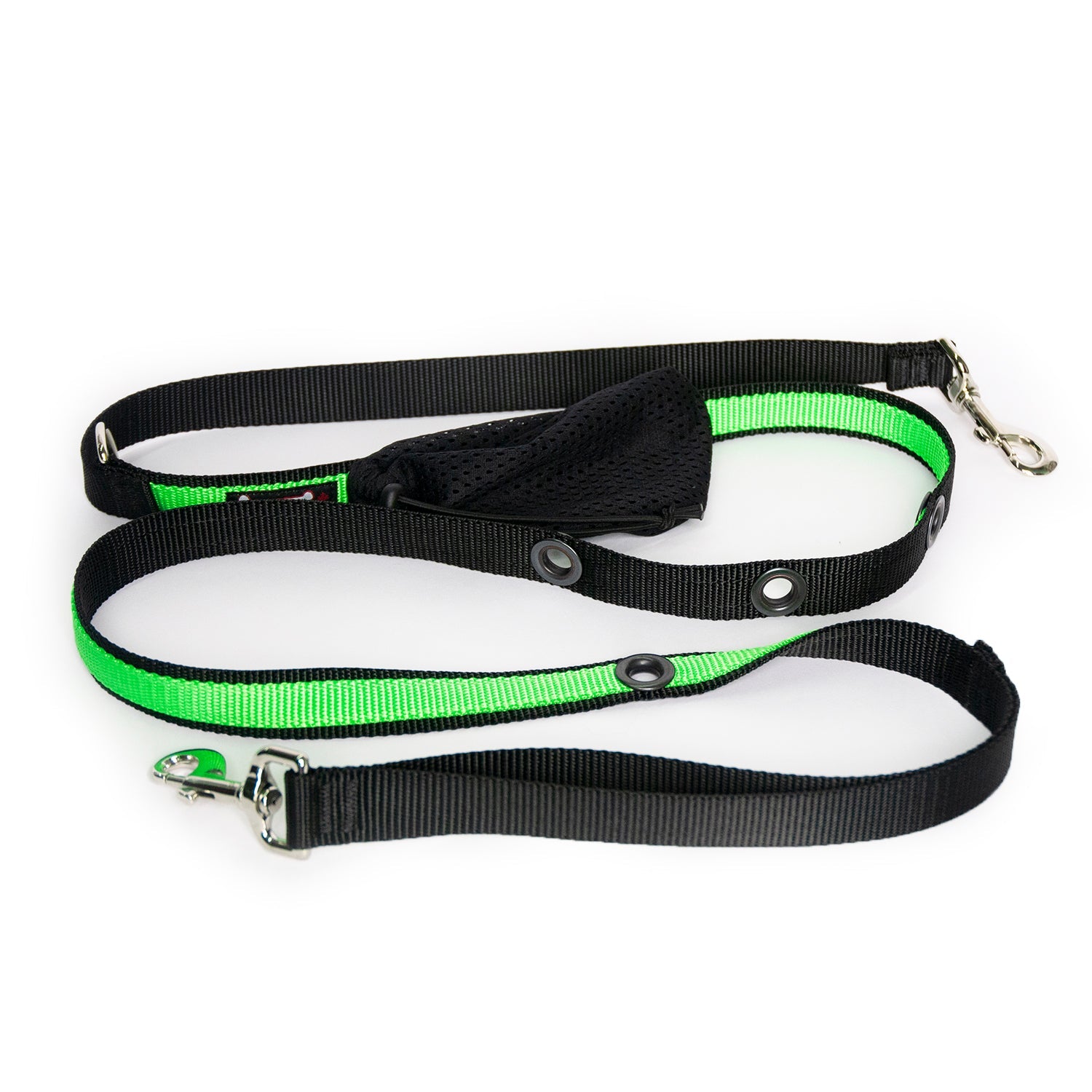 Smoochy Poochy hands-free leash, 6ft long, in black with green accents, featuring adjustable straps and a sturdy clip.