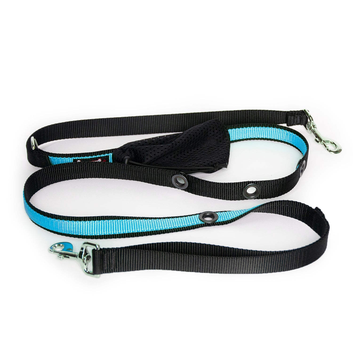 Smoochy Poochy hands-free leash, 6ft, with black and turquoise straps, adjustable clips, and padded handle.