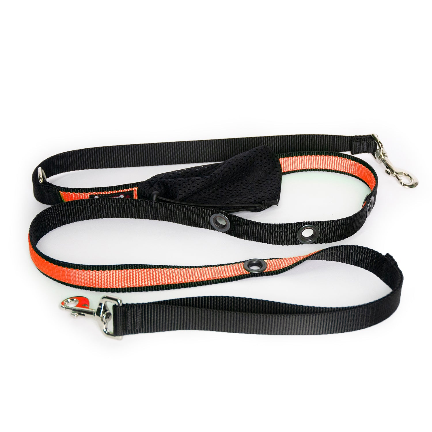 Smoochy Poochy hands-free leash, 6ft, with black and orange straps, adjustable features, and a metal clip for attachment.