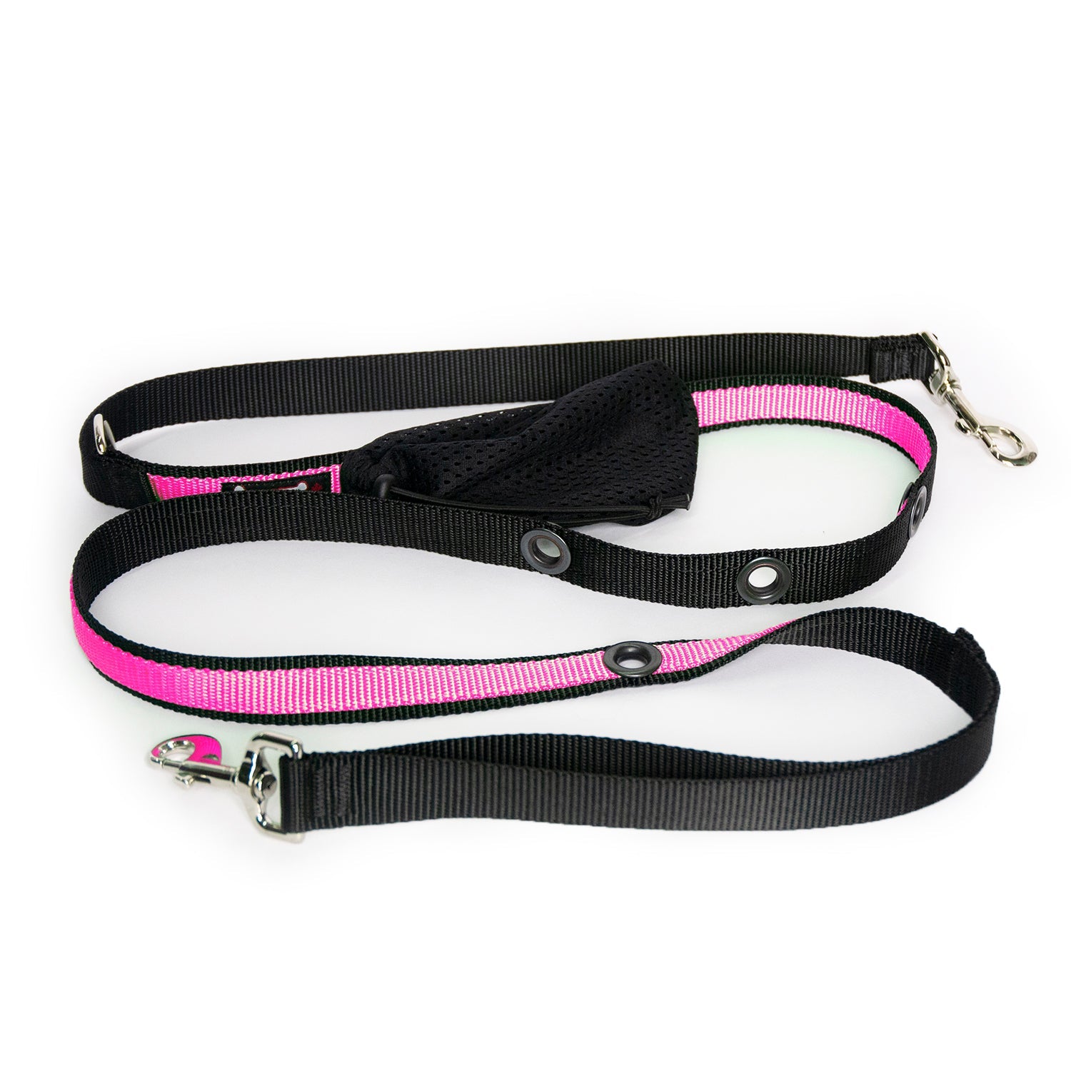 Smoochy Poochy hands-free leash, 6ft, with a black and pink color scheme, padded handle, and metal clip attachment.