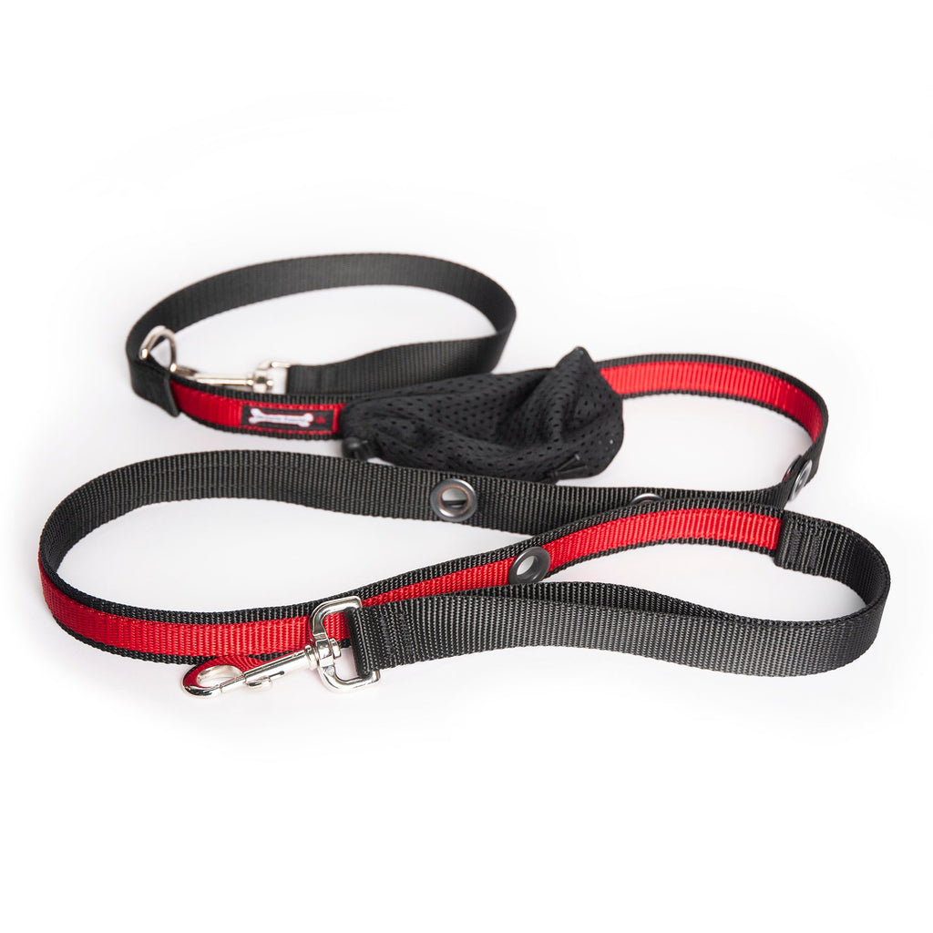 Smoochy Poochy hands-free leash, 6ft, with black and red straps, adjustable clips, and a padded handle.