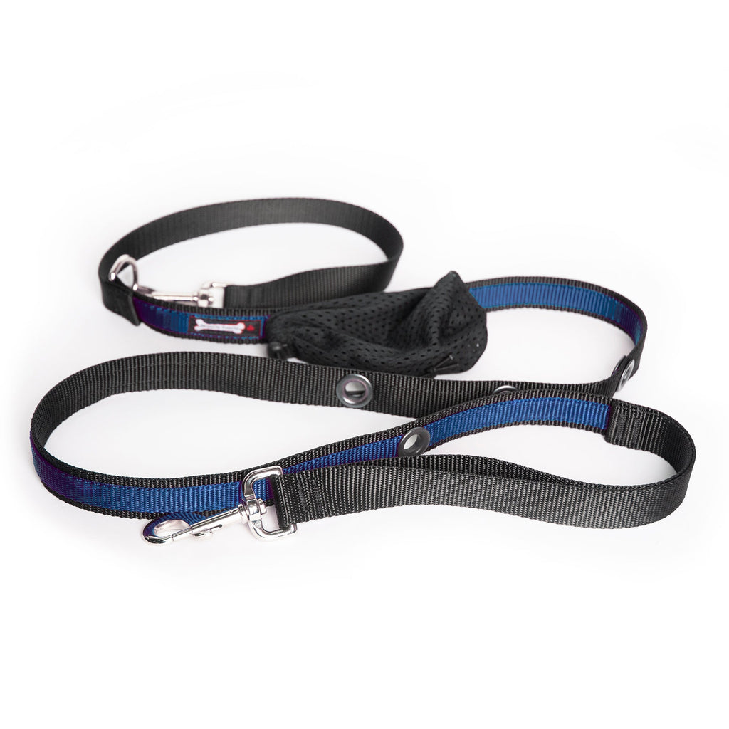 Smoochy Poochy hands-free leash, 6ft long, in black and blue with adjustable straps and a padded handle.