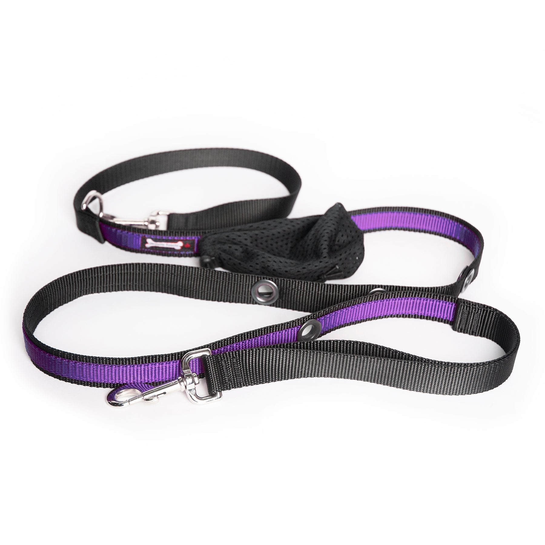 Smoochy Poochy hands-free leash in black and purple with adjustable straps and a mesh pouch for storage.