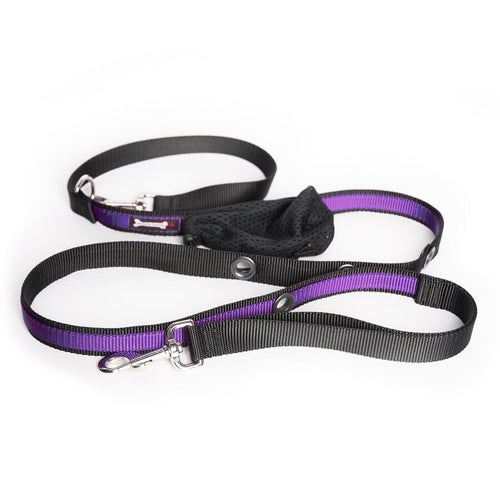 Smoochy Poochy hands-free leash in black and purple with adjustable straps and a mesh pouch for storage.