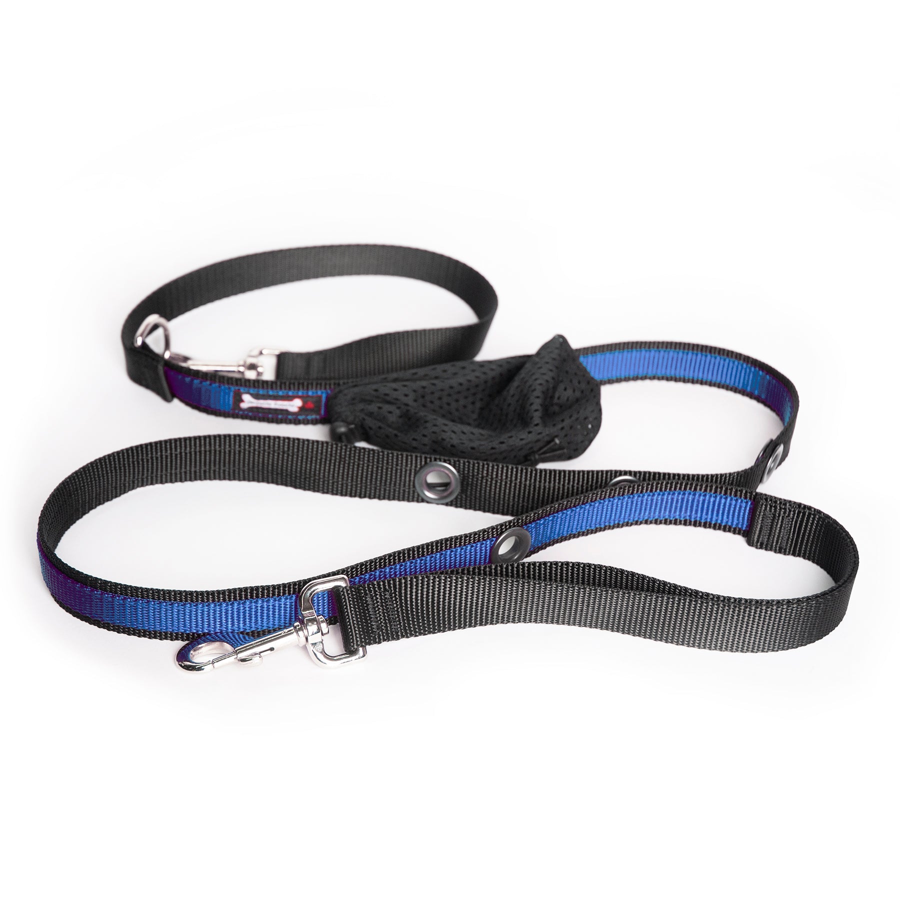 Smoochy Poochy hands-free leash, 6ft, with a black strap, blue and purple accents, and a padded handle for comfort.