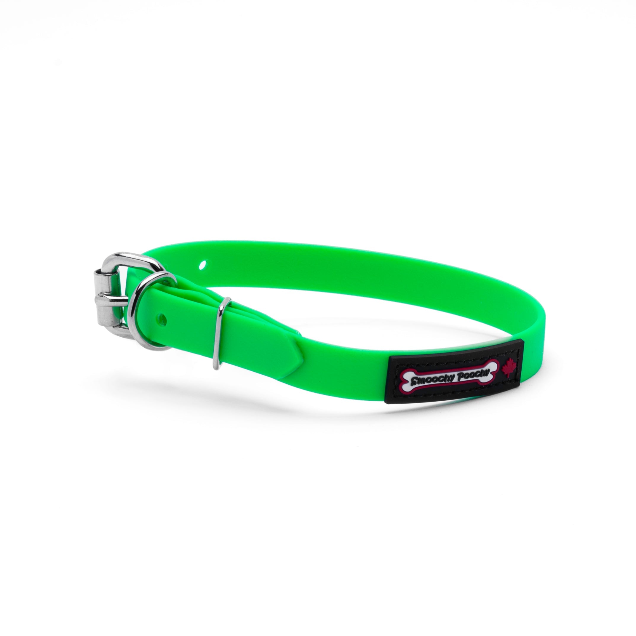 Green biothane dog collar with a silver metal buckle and a black Smoochy Poochy label.