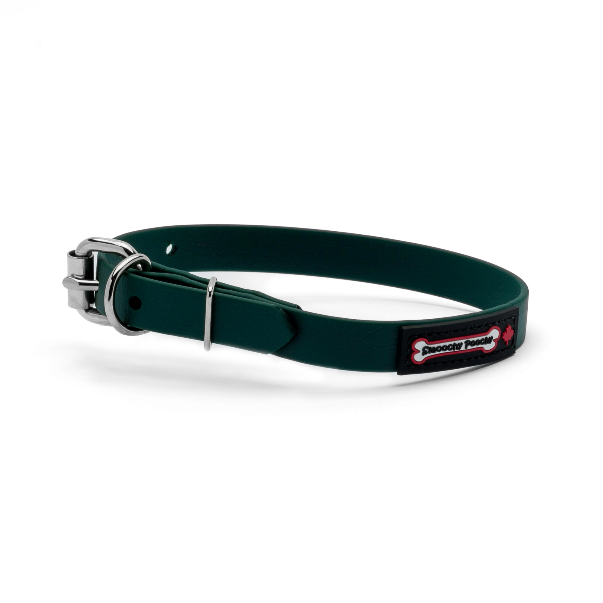 Jaguar biothane dog collar with a silver metal buckle and a black Smoochy Poochy label.