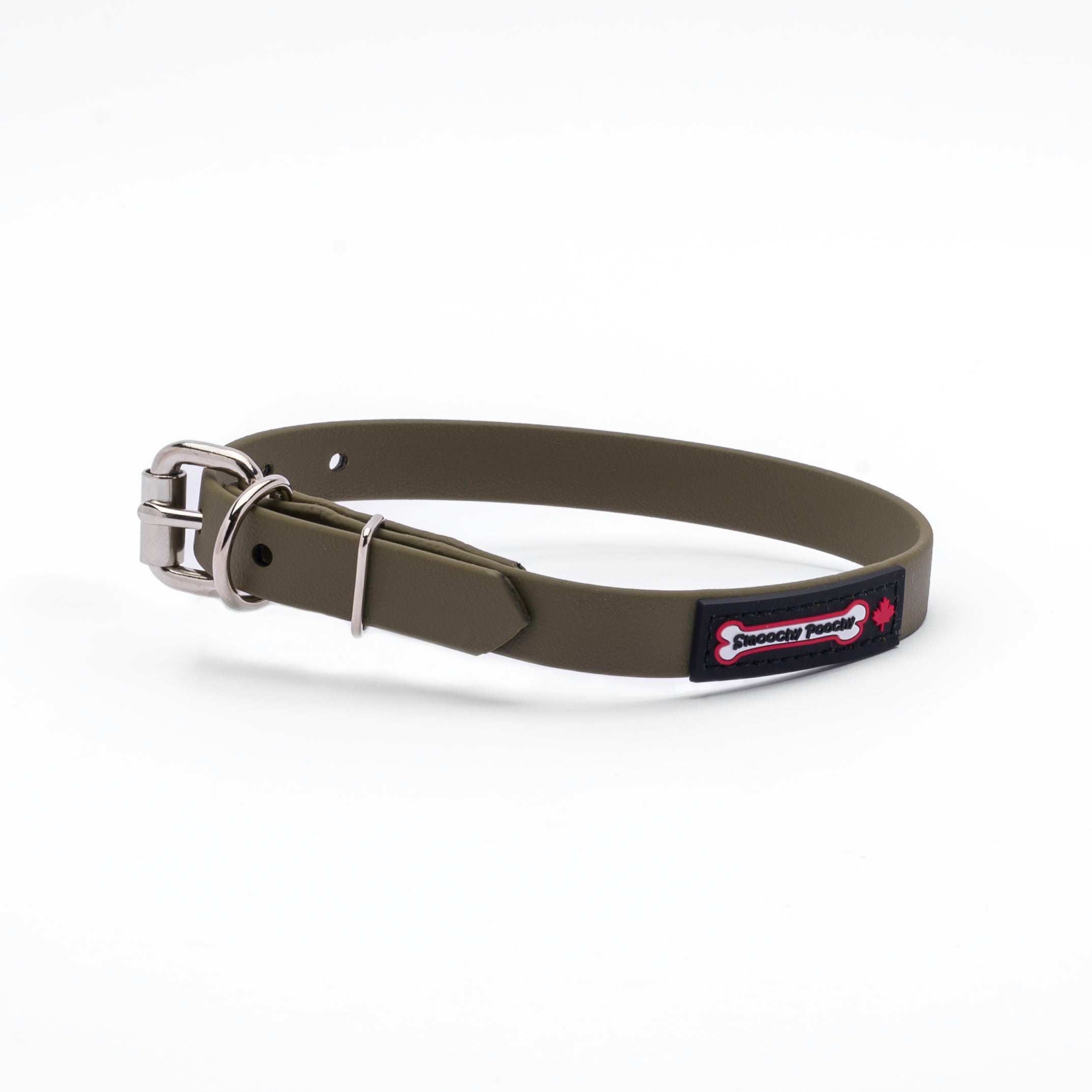 Khaki biothane dog collar with a silver metal buckle and a black Smoochy Poochy label.