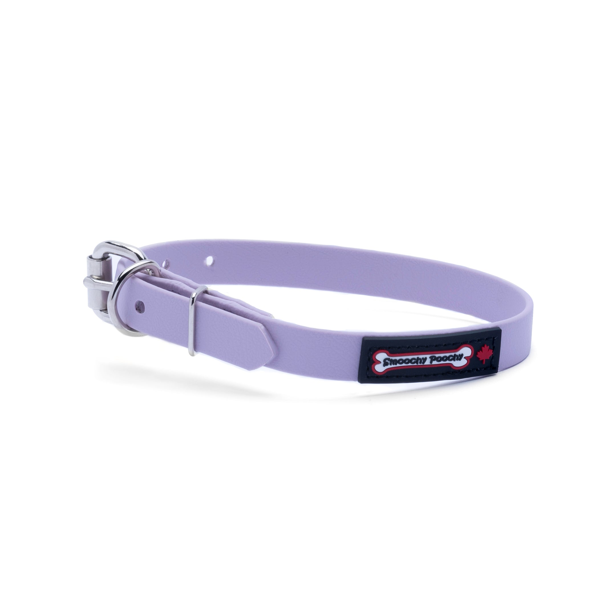 Lavender biothane dog collar with a silver metal buckle and a black Smoochy Poochy label.