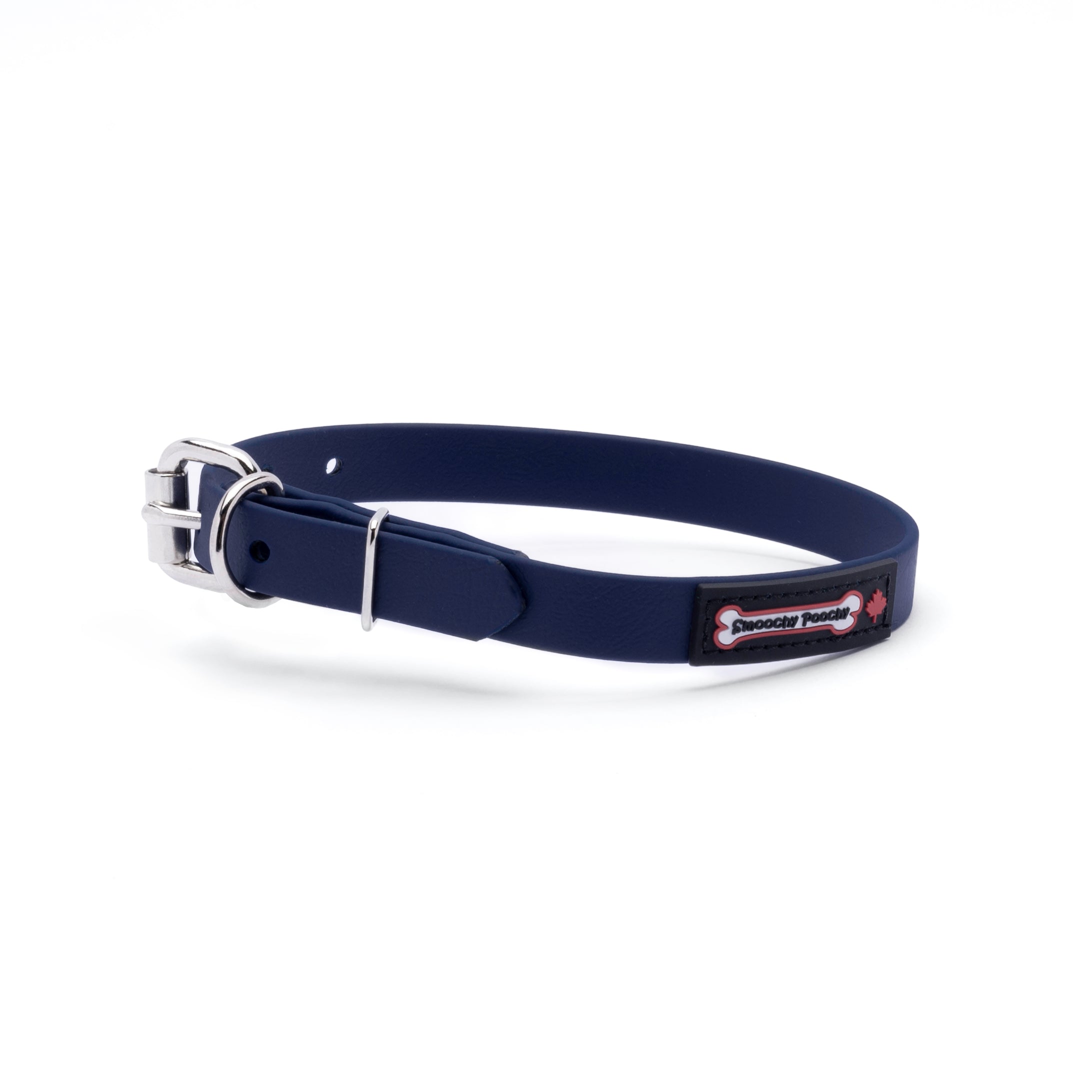 Navy biothane dog collar with a silver metal buckle and a black Smoochy Poochy label.