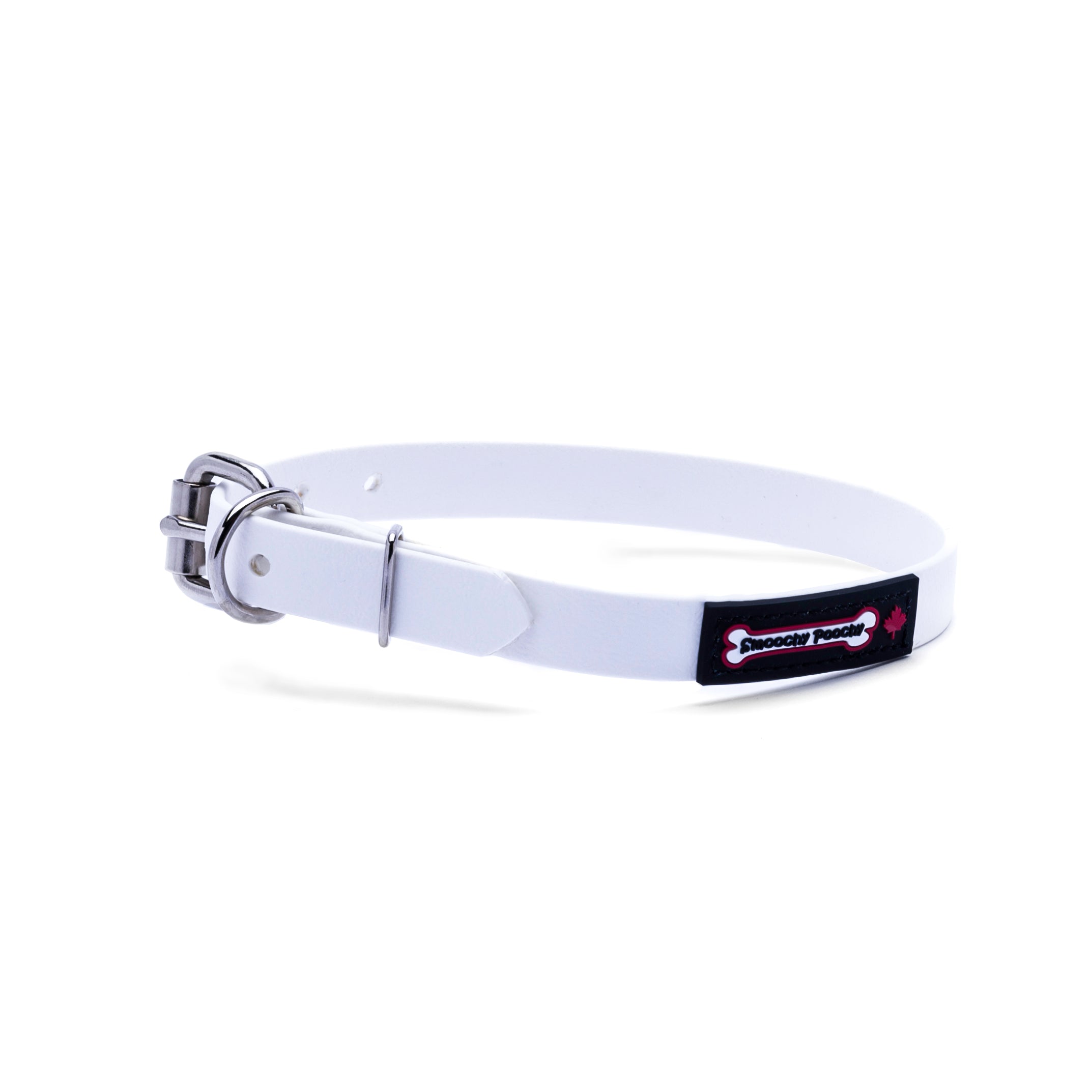 White biothane dog collar with a silver metal buckle and a black Smoochy Poochy label.