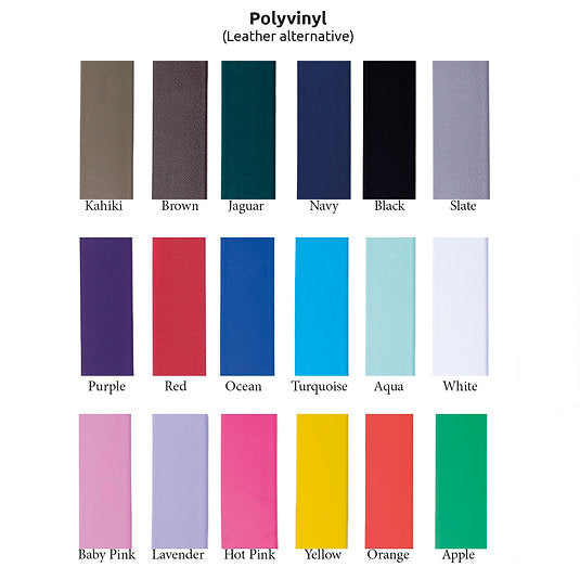 Smoochy Poochy Polyvinyl leather alternative color swatch chart showing 18 colors: Kahiki, Brown, Jaguar, Navy, Black, Slate, Purple, Red, Ocean, Turquoise, Aqua, White, Baby Pink, Lavender, Hot Pink, Yellow, Orange, Apple