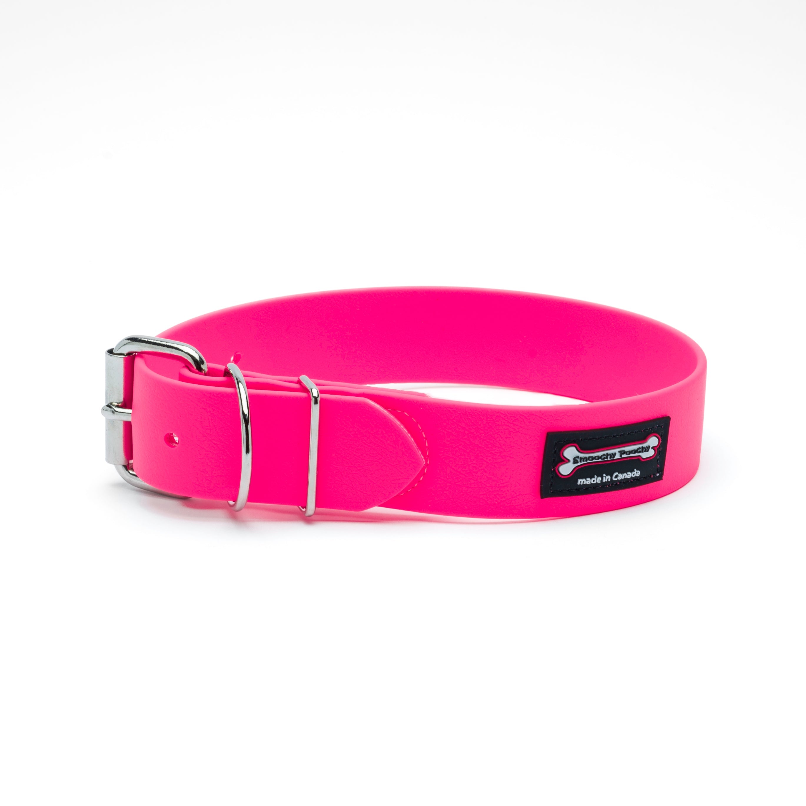 Hot Pink Smoochy Poochy Poly Buckle Style Biothane dog collar with roller buckle, double keeper loops, and metal D-ring
