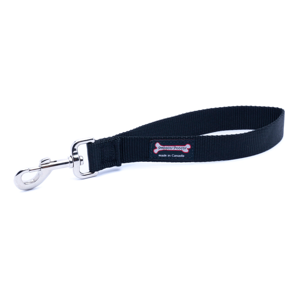 A Black nylon dog leash with a silver metal snap hook clasp