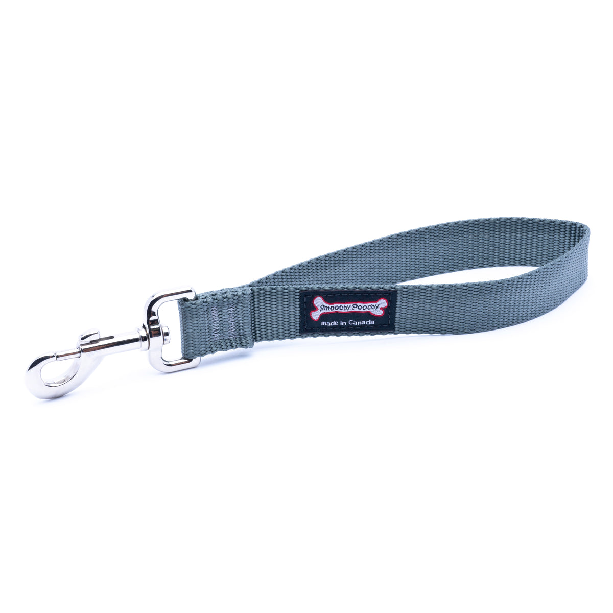 A charcoal gray nylon dog leash with a silver metal snap hook clasp