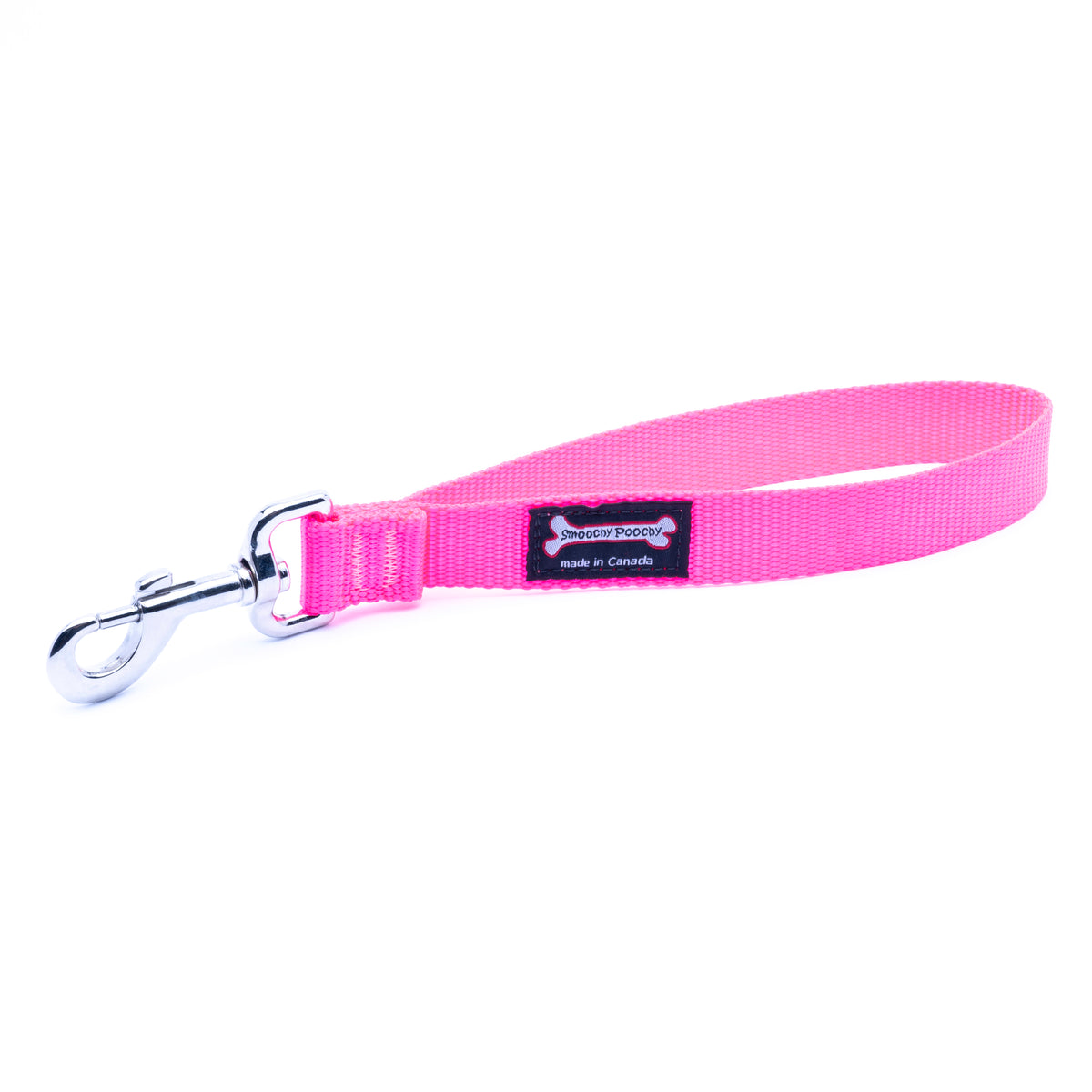 A hot pink nylon dog leash with a silver metal snap hook clasp